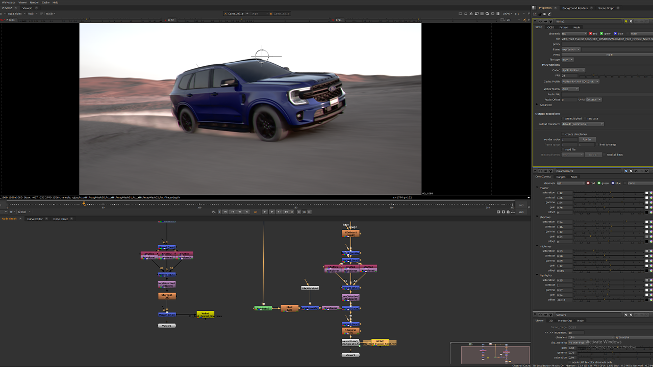 Behind-the-scenes CGI render workspace showing a blue Ford Everest Sport in motion across a desert scene