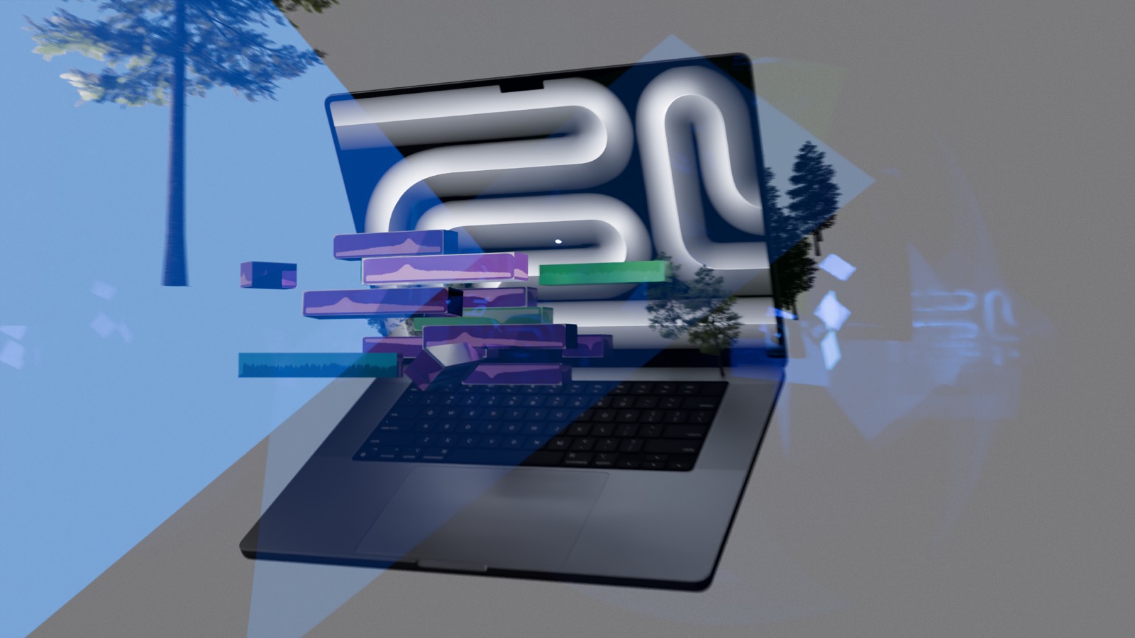 Branded CGI showcase render featuring layered blue glass forms and a laptop scene